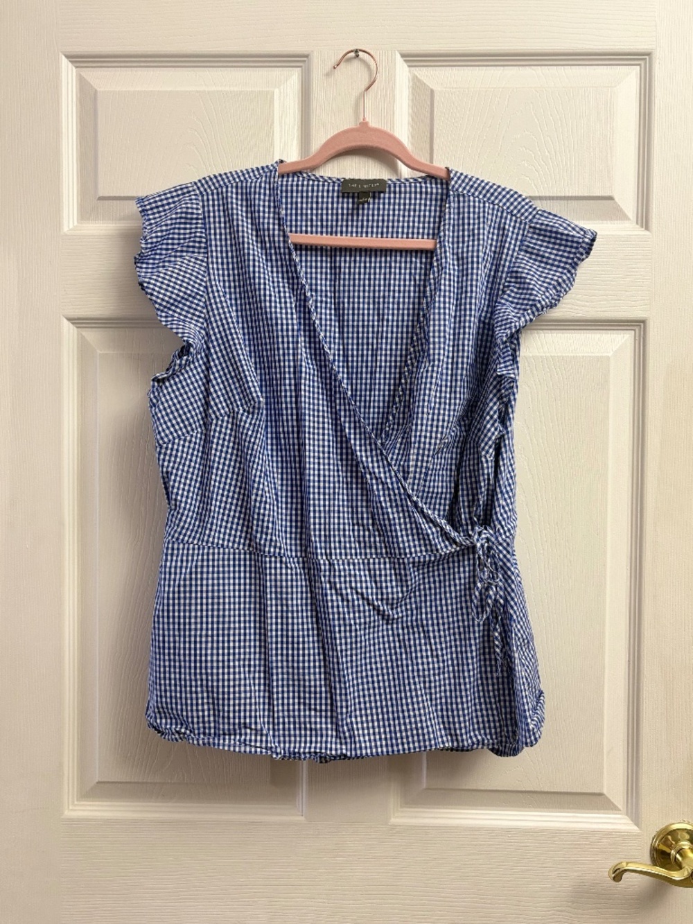 Women's The Limited Blue Gingham Flutter Sleeve Tie Blouse